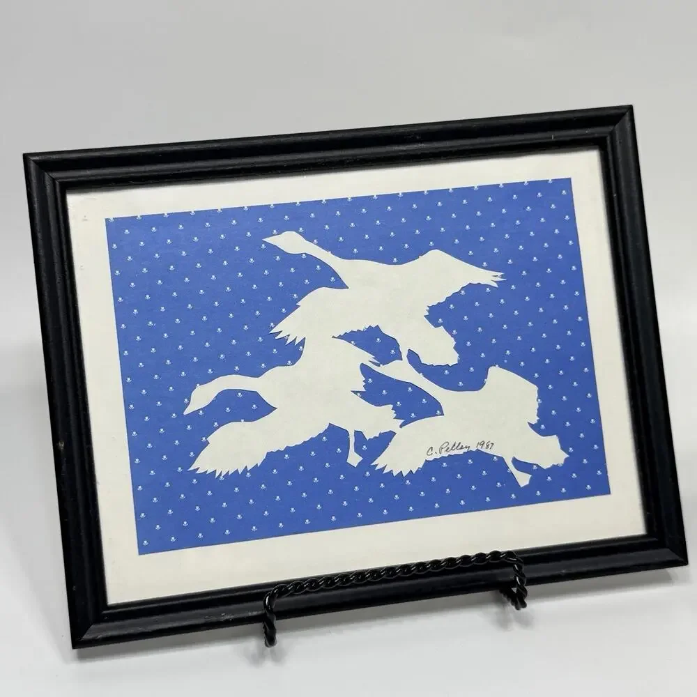 2 Small Vtg 80s Country Geese Framed Wall Art Blue White Silhouette Cottagecore